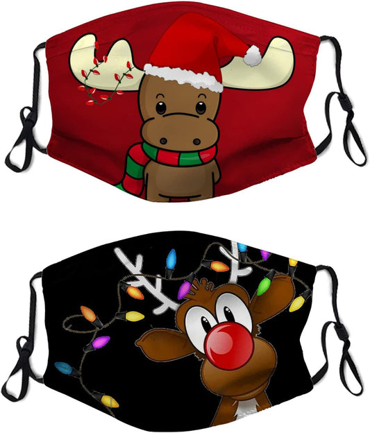 2Pcs Christmas Cute Reindeer Face Mask with 4 Filter Washable Christmas Balaclava Windproof Dustproof Adjustable Unisex Merry Christmas 10