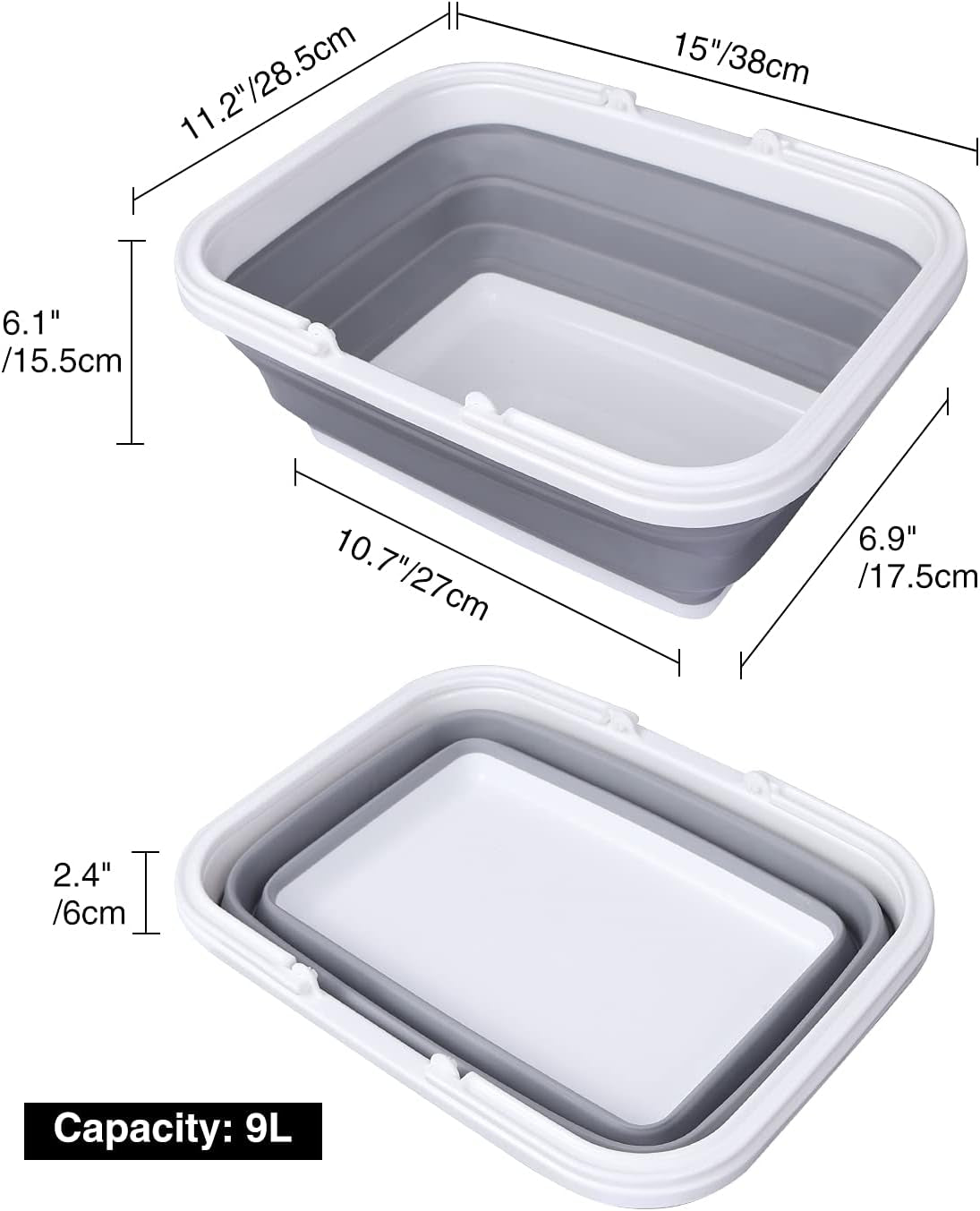 2 Pack Collapsible Camping Sink, 2.37Gal/9L Portable Wash Basin with Handle for Camping Hiking and Home, Green and Grey